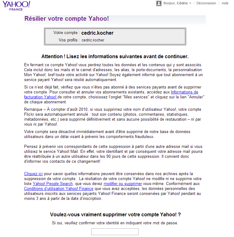 comment résilier compte Yahoo
